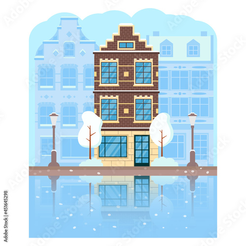City building summer Amsterdam.Vector flat illustration.Dutch cityscape canal.Street with facades of houses. Silhouette of houses.