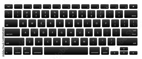 Computer keyboard with black key buttons. Computer keyboard black buttons, letters, numbers and symbols. Digital template of keyboard with English language