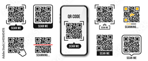 QR code, Quick Response code. QR code templates frames. Scan me, scanning tags of QR code. Set of templates for payment, link, application etc.
