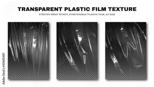 Transparent plastic film texture, stretchable polyethylene film, A4 size. Plastic stretch film effect with crumpled and wrinkled texture