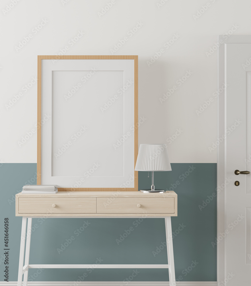 3D mockup photo frame on wall workplace at home 3D mockup photo frame on wall workplace at home