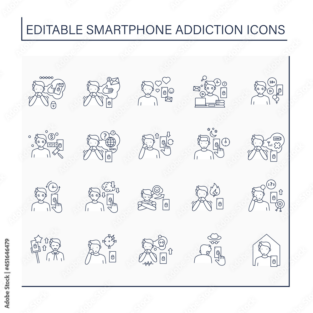 Smartphone addiction line icons set. Virtual world. Online lifestyle. Modern technology. Overwhelmed concept. Isolated vector illustrations. Editable stroke