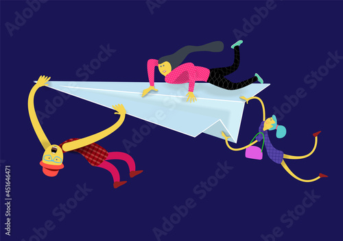  Little cartoon men fly on a paper airplane