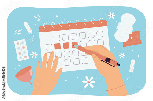 Women hands marking menstrual days on calendar. Flat vector illustration. Panty liners, menstrual cup, pain pills, tampons, top view. Period, cycle, menses, health care, hormonal background concept