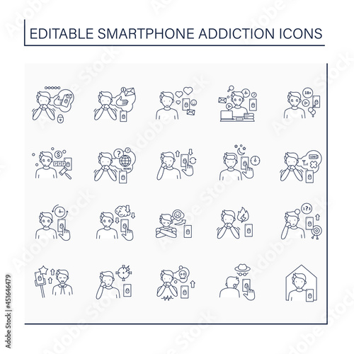 Smartphone addiction line icons set. Virtual world. Online lifestyle. Modern technology. Overwhelmed concept. Isolated vector illustrations. Editable stroke