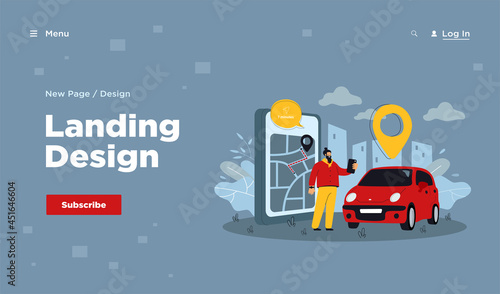 Happy man ordering taxi. Group of people sharing or renting car flat vector illustration. Carsharing, transportation, online car sharing service concept for banner, website design or landing web page