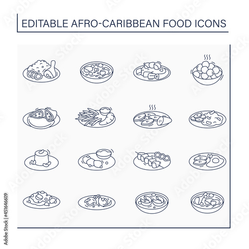 Afro-Caribbean food line icons set. Traditional dishes. Oktail, ewa rira, meat pie, akara and ogi. Local food concept. Isolated vector illustrations. Editable stroke