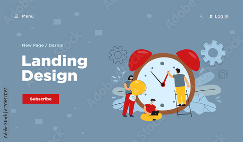 Tiny people working with alarm clock isolated flat vector illustration. Cartoon businesspeople working in team with chronometer. Time management, countdown and business concept