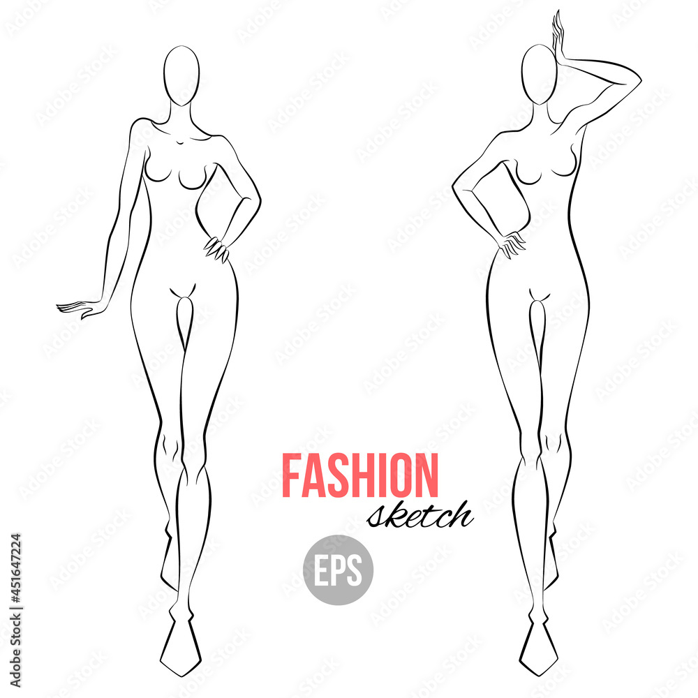 Illustration of women's figure for designers of clothes. Outline girl model template for fashion sketching. Vector illustration. Illustration of women's figure for designers of clothes. Outline girl model template for fashion sketching. Vector illustration.