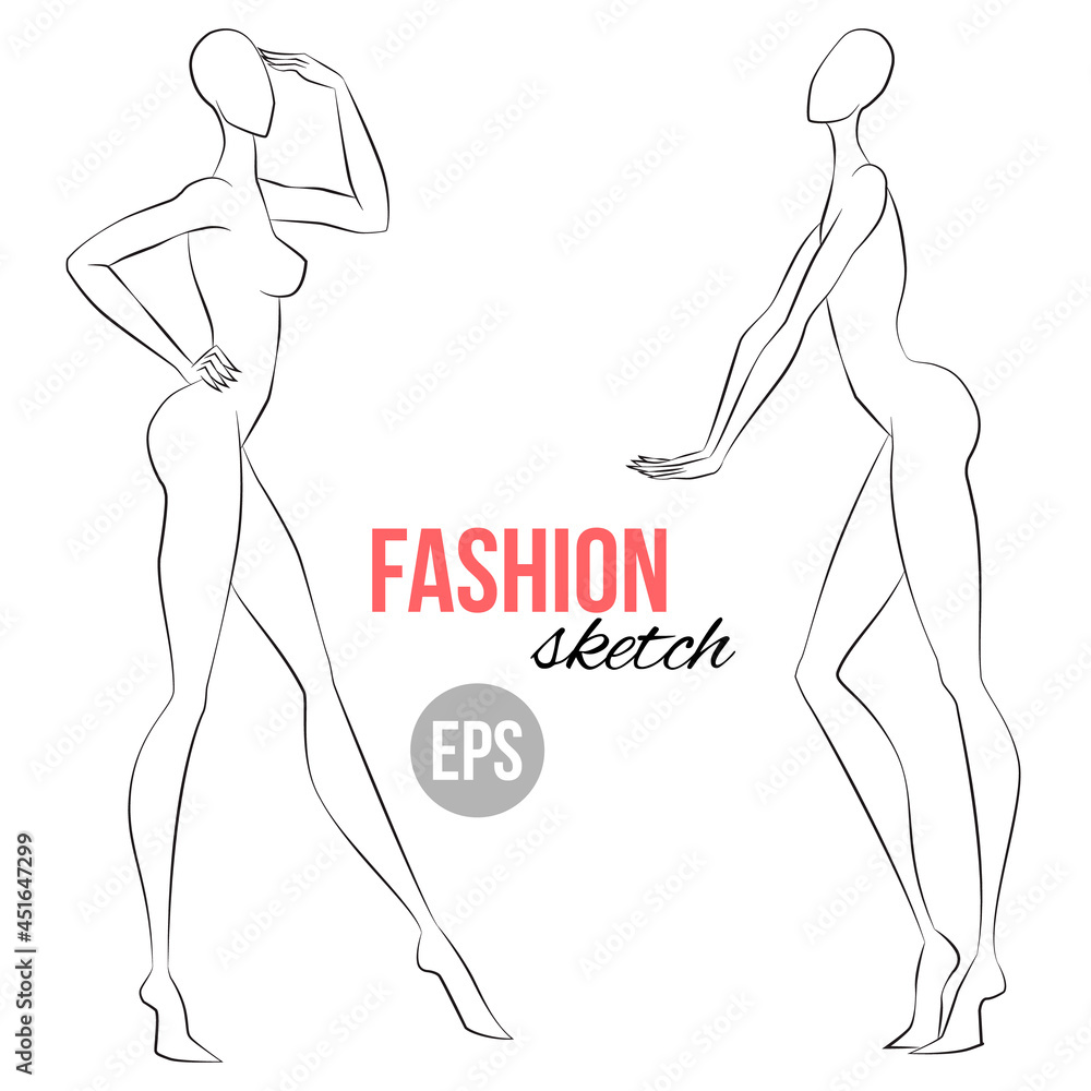 Women's figure sketch. Different poses. Template for drawing for stylist and designers of clothes. Vector outline girl model template for fashion sketching. Fashion illustration.