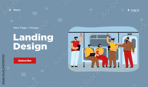 People inside subway or underground train flat vector illustration. Cartoon passengers using metro or tube as public transportation. Public transport, transportation, metro concept for landing page