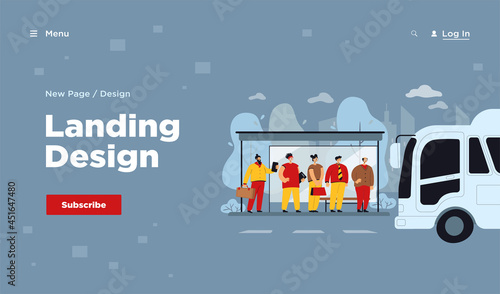 Passengers waiting for transport at bus stop. Students, businessman with suitcase and senior man standing at bus station, bus driving. Illustration for public transport, transportation concept