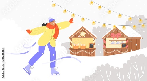 Concept of Christmas market. Flat vector illustration with happy woman skating in ice rink at the fair. Christmas and New Year celebrations web banner or flyer.