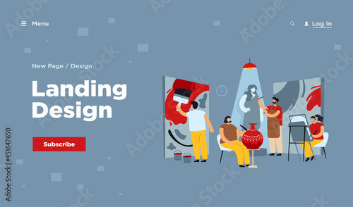 Artists and sculptors creating artworks in workshop or design studio. Creative people painting, sculpturing and drawing. Vector illustration in cartoon style for art community concept