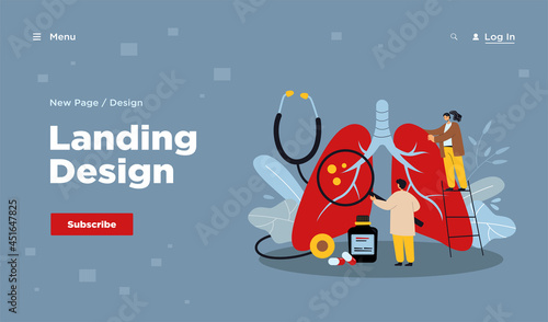 Tiny doctors diagnosing giant lungs or respiratory system. Flat vector illustration. Cartoon medic pulmonology specialists testing lungs for asthma, tuberculosis, cancer. Medicine, healthcare concept