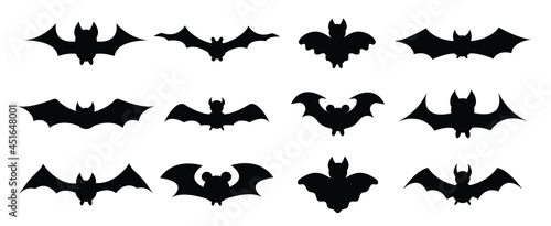 Collection of bats. Silhouette in cartoon style. Bat and vampire costume for Halloween. Vector illustration.