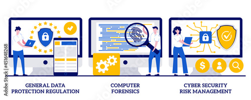General data protection regulation, computer forensics, cyber security risk management concept with tiny people. Information control and security abstract vector illustration set