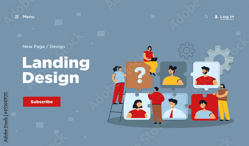 Tiny HR specialist looking for recruits for job flat vector illustration. Cartoon business employers choosing talents. Personnel change, employment agency and communication concept