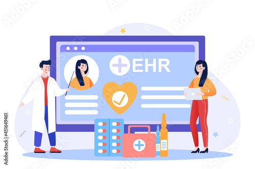 Electronic Health Record. Doctors analyze patient EHR to make correct diagnosis. Prescribe treatment. Specialist uses smartphone to transfer data. Progressive technology in hospital. Flat illustration