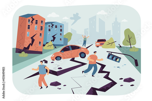 People escaping earthquake flat vector illustration. Emergency, natural disaster in city, cracks in ground, on damaged buildings, people leaving cars, running. Insurance, nature, catastrophe concept