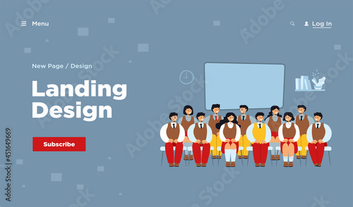 Front view of classmates sitting on chairs for photo isolated flat vector illustration. Cartoon group portrait of students in classroom. School and education concept