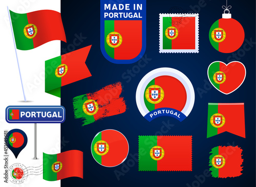 portugal flag vector collection. big set of national flag design elements in different shapes for public and national holidays in flat style. Post mark, made in, love, circle, road sign, wave