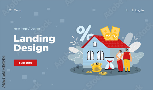 People buying home with mortgage loan flat vector illustration. Young couple paying credit to bank for being owners of private house property. Mortgage and rent concept for landing page or design