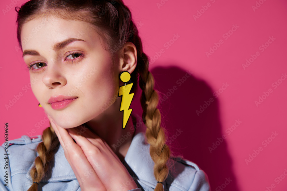 pretty woman with pigtails bright makeup modern style luxury pink background pretty woman with pigtails bright makeup modern style luxury pink background