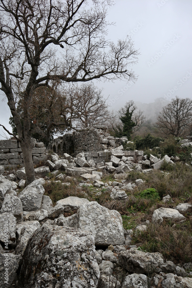 stone and marble debris of ancient abandoned city Termessos lost in Turkey mountains stone and marble debris of ancient abandoned city Termessos lost in Turkey mountains