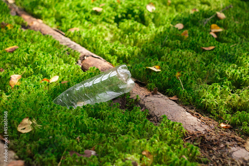 A plastic bottle lies in the sun on a forest moss with a fallen old tree trunk. The concept of environmental pollution. place copy. Plastic waste. Plastic recycling. Saving the Planet. 