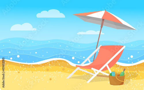 Sea coast. Beach chaise longue, umbrella and picnic basket. A place for your text. Colorful vector illustration. Template.