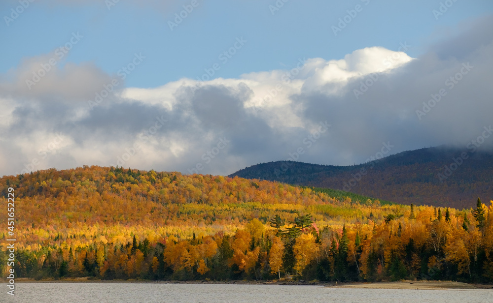 Colorful autumn fall covered trees surround a lake with cloud covered mountains surrounding the trees and lake