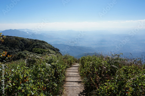 Paisaje, camino de madera en la montaña