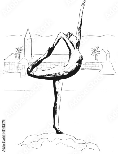 Hand drawn vector image sights sculpture in Montenegro. Woman. Ballerina. Mogren beach. 
Embankment. The symbol of the Old city Budva. Transparent background