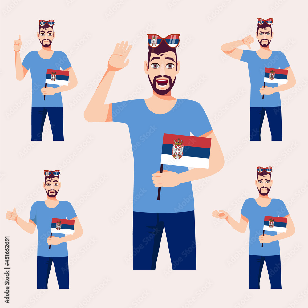 A beautiful man with the Serbian flag. A set of fan emotions. Vector illustration on cartoon style. A beautiful man with the Serbian flag. A set of fan emotions. Vector illustration on cartoon style.