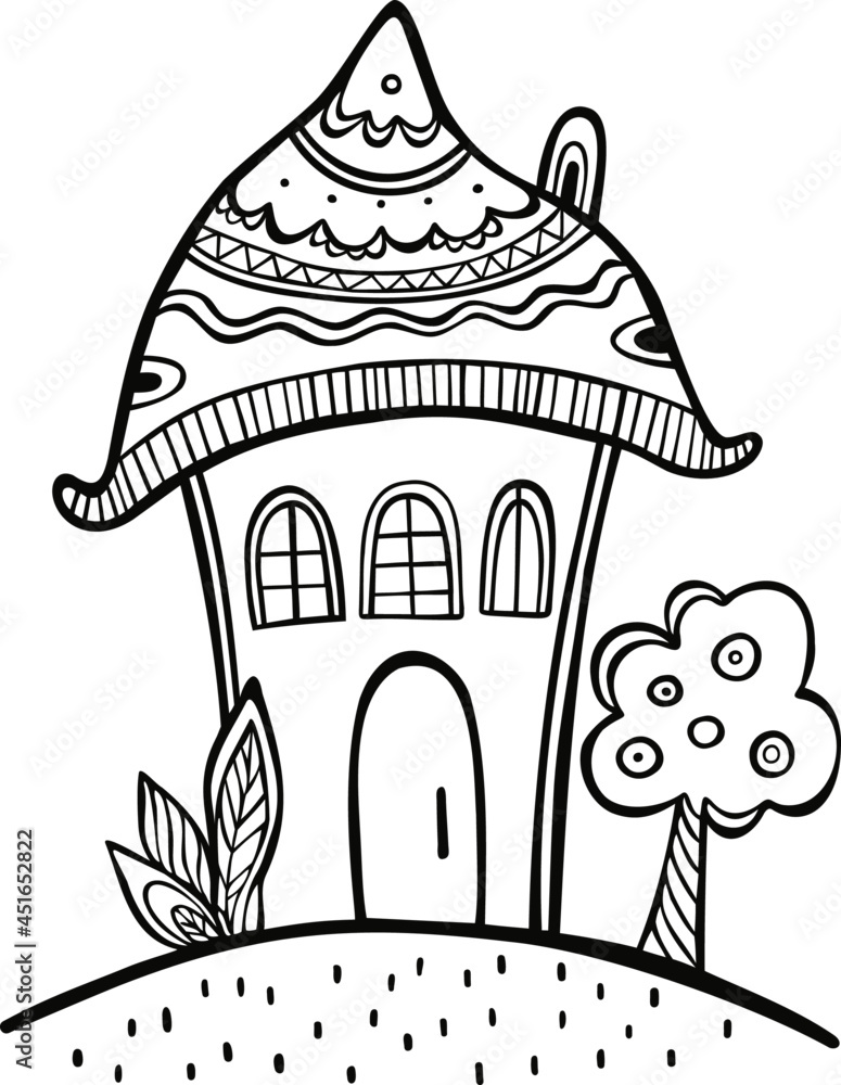 Black and white vector image. House and tree. Eps pattern print design template for children souvenir, clothes and textiles. Transparent background.