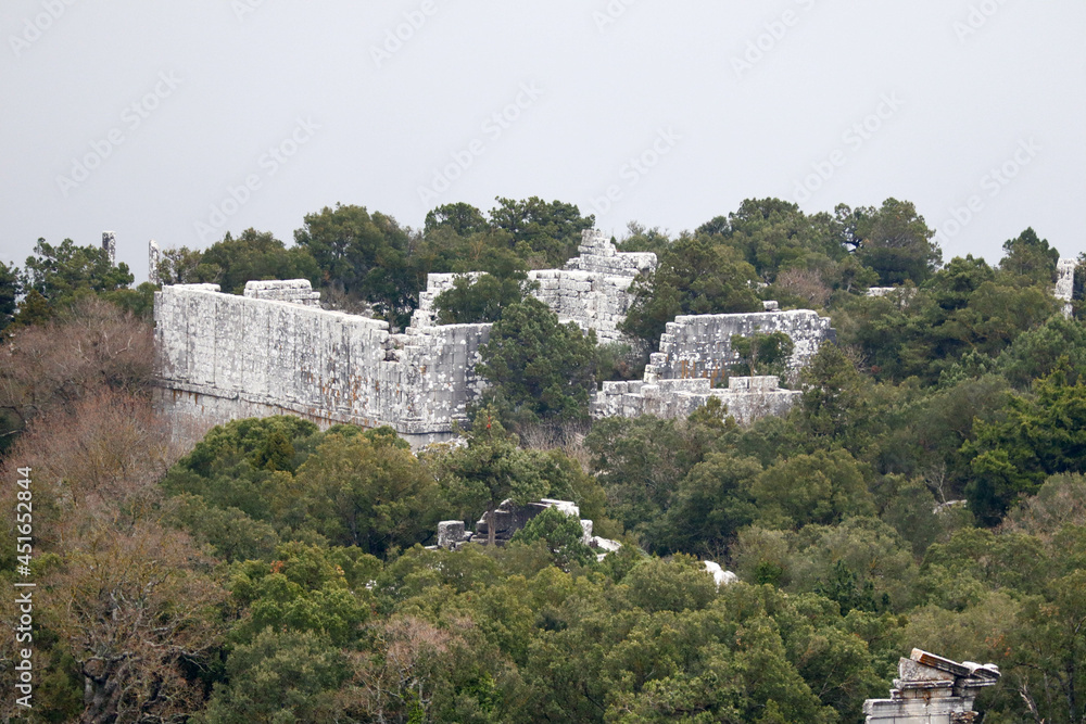 Fototapeta premium panoramic view from the top of the mountain to the ruins of ancient abandoned city Termessos in Turkey