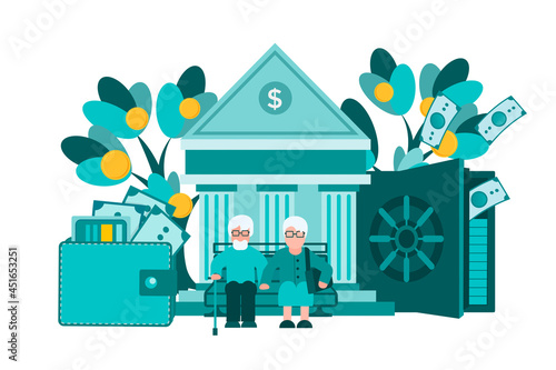 Couple of elderly retirees, bank, wallet and safe with money