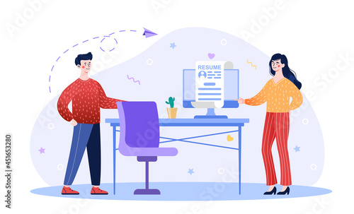 We hiring banner. Happy people invite newcomer to work in their company. Organization implementing staff recruitment. HR and headhunting concept. Flat vector illustration isolated on white background