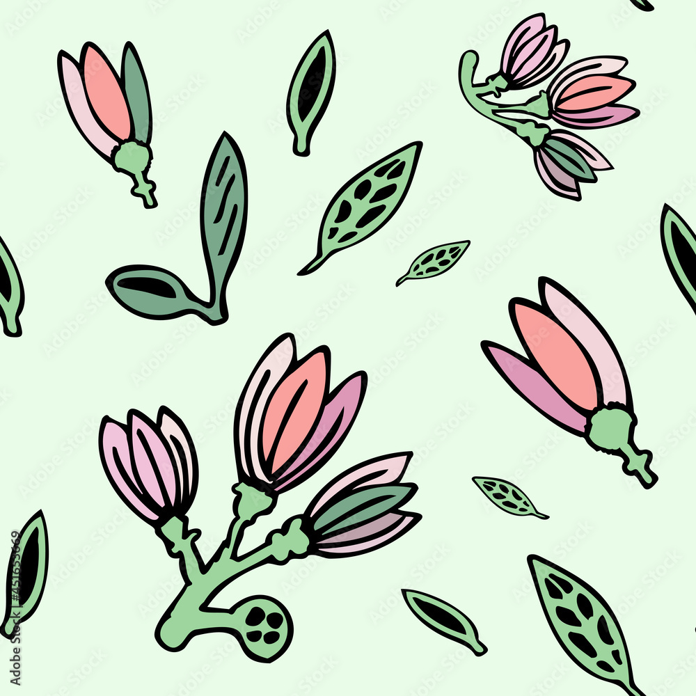 Green seamless pattern with silhouette of a pink blooming flowers and green leaves. Design for wallpaper, wrapping, fabric, textile. Green seamless pattern with silhouette of a pink blooming flowers and green leaves. Design for wallpaper, wrapping, fabric, textile.