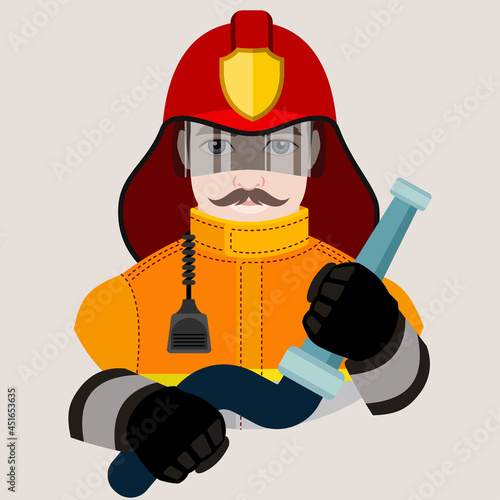 Avatar of a man in a fireproof yellow suit, a fireman's helmet with a protective glass holding a fire hose. Fireman. Flat vector illustration.