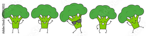Set broccoli character cartoon dancing smiling face vegetable  happy emotions icon logo vector illustration.