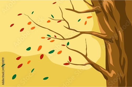 Autumn landscape, orange leaves falling from trees