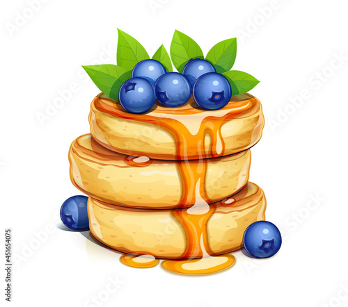 Pancake with blueberries and honey. Sweet dessert breakfast. Isolated on white background. Vector illustration.