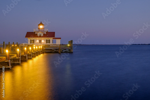 Blue hour at sunset over the Roanoke Marsh Lighthouse in Manteo North Carolina photo