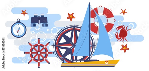Sailing boat with lifebuoy, wheel and compass