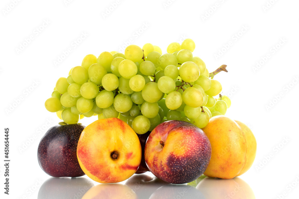 Two juicy ripe nectarines, a bunch of grapes and two plums, close-up, isolated on white. Two juicy ripe nectarines, a bunch of grapes and two plums, close-up, isolated on white.