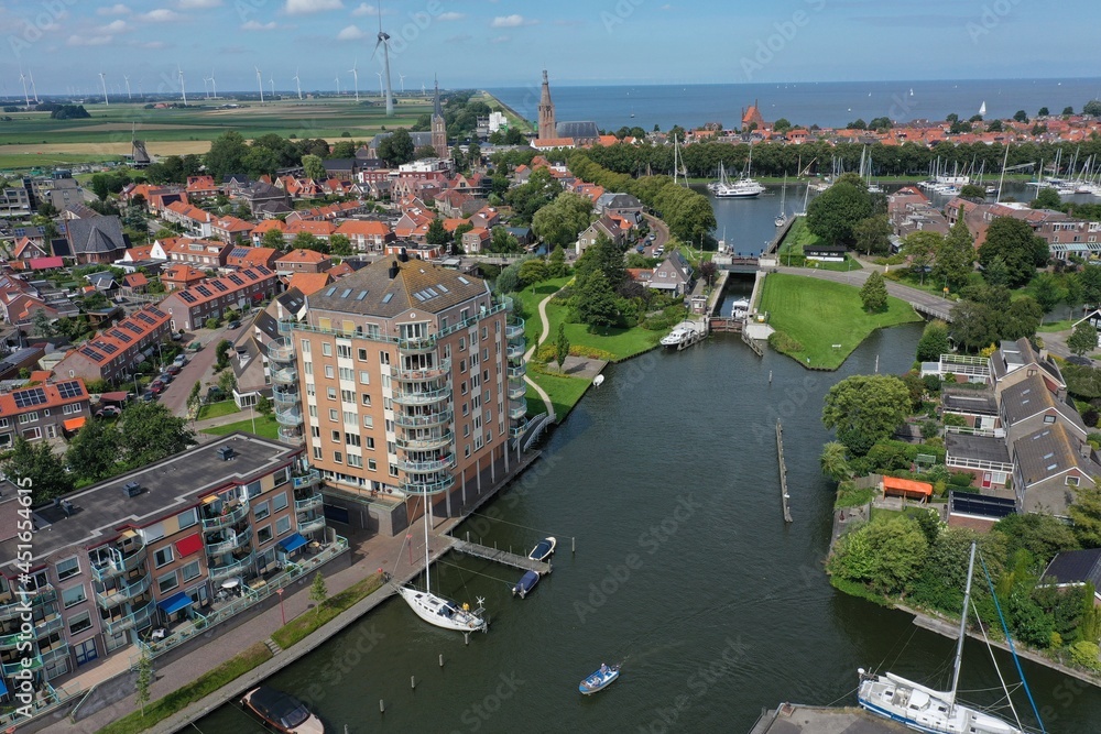 Drone overview photo of Medemblik, the Netherlands. This is a small town on the Ijsselmeer with many opportunities for water sports enthusiasts