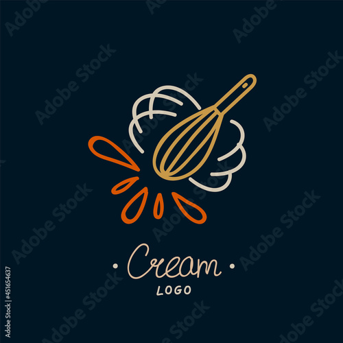 Logo template with baking ingredients. Illustration with a whisk and spray. A beautiful doodle icon for a bakery or pastry shop. Vector illustration