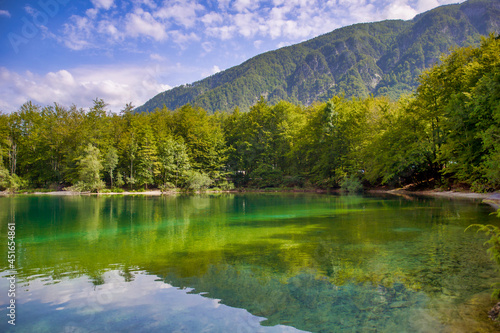 the popular lake bohinj with a beautiful reflection